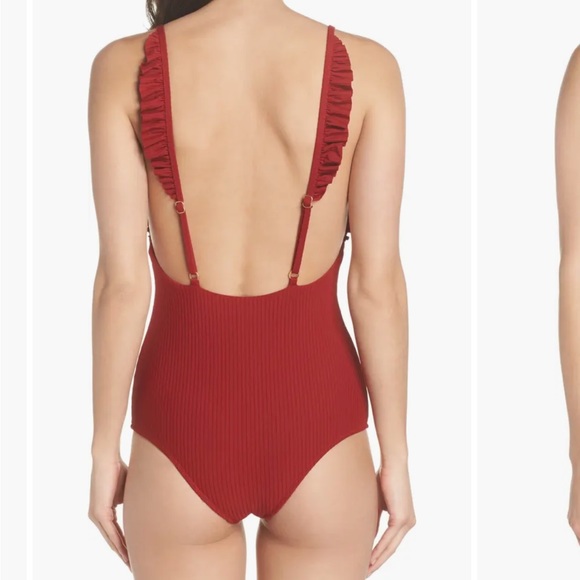 Made By Dawn Revolve Red Butterfly Root Ribbed Ruffle One Piece Swimsuit NWT S - Picture 4 of 16